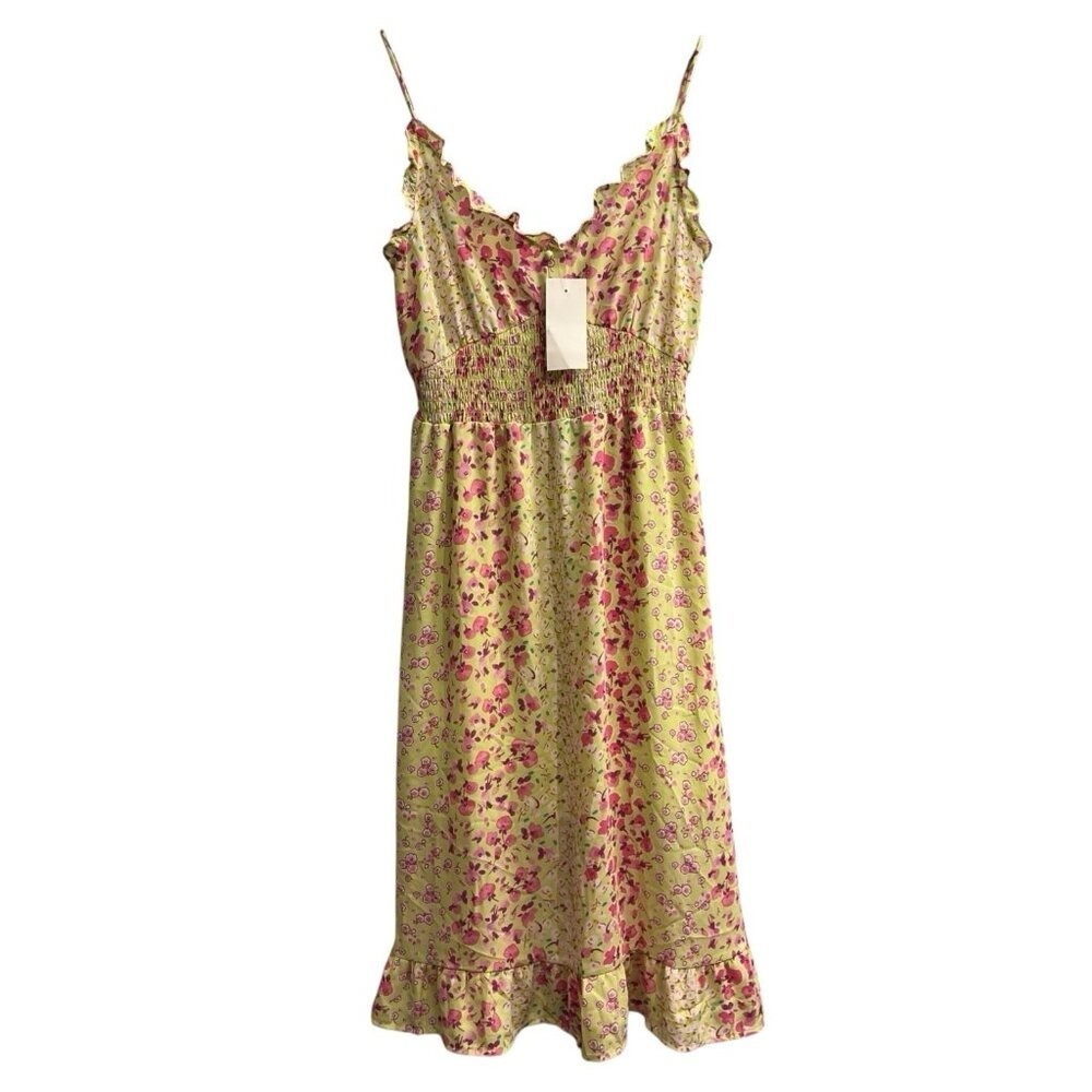 Sienna Sky Y2K Dress Green Pink Floral Babydoll Chiffon Smocked Maxi Size L
